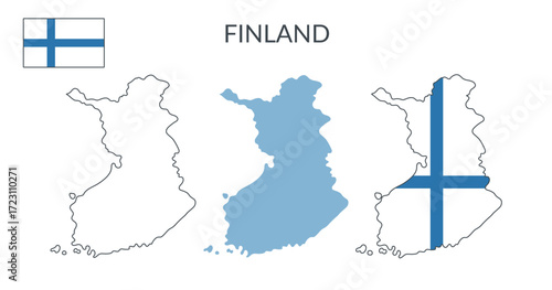 Finland country geographical borders isolated on white background. Finland flag. Vector flat cliparts.