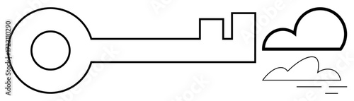 Black outlined key and cloud shapes linked together. Ideal for security, technology, cloud storage, networking, access control, minimal design, simple flat metaphor