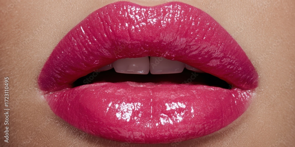 Fototapeta premium Luminous Pink Lips: A close-up shot of perfectly shaped, glossy pink lips, exuding a sense of allure and beauty.