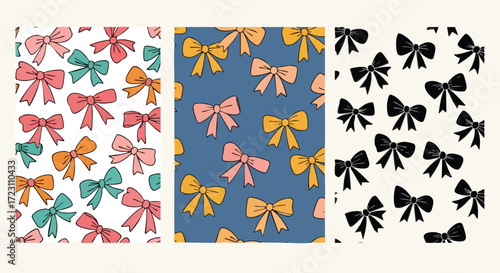 Charming bow patterns in vibrant pastel and classic black for delightful decorative applications and festive designs
