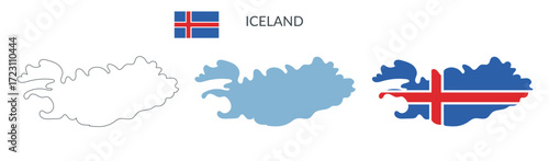 Iceland country geographical borders isolated on white background. Iceland flag. Vector flat cliparts.
