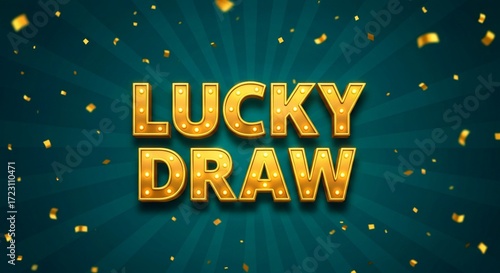 happy new year 2026 background, Retro style sign with glowing marquee lights announces a lucky draw. Golden confetti falls around the teal background. Offers excitement and anticipation for games of c