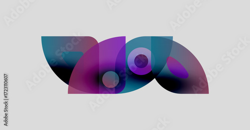 Abstract shapes overlap, creating vibrant color blends. Circles, curves, gradients define modern design. Minimalist aesthetic, clean background.