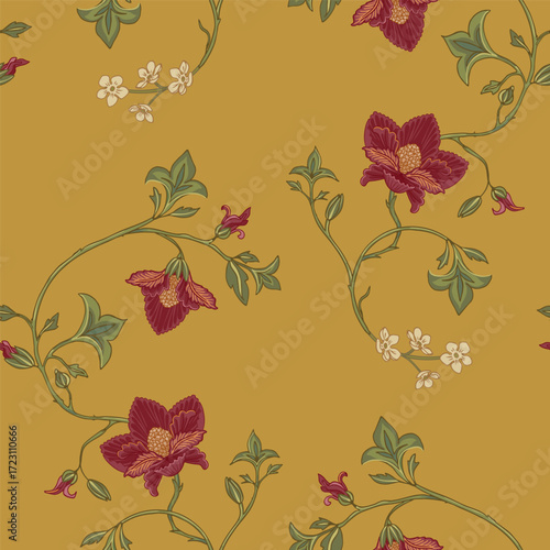 Bohemian floral pattern. Red and cream flowers on a mustard background.