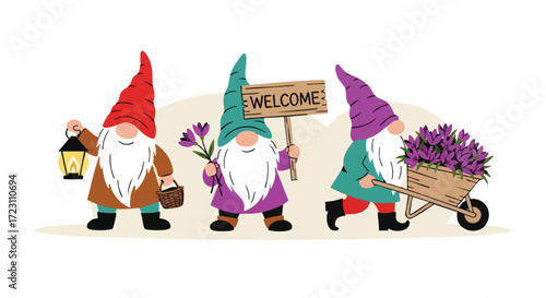 Adorable garden gnomes bringing spring cheer with flowers and warm welcomes perfect for whimsical seasonal designs and delightful home decor accents