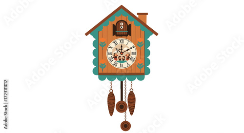 Charming wooden cuckoo clock with whimsical figures and floral accents brings vintage charm to any home decor
