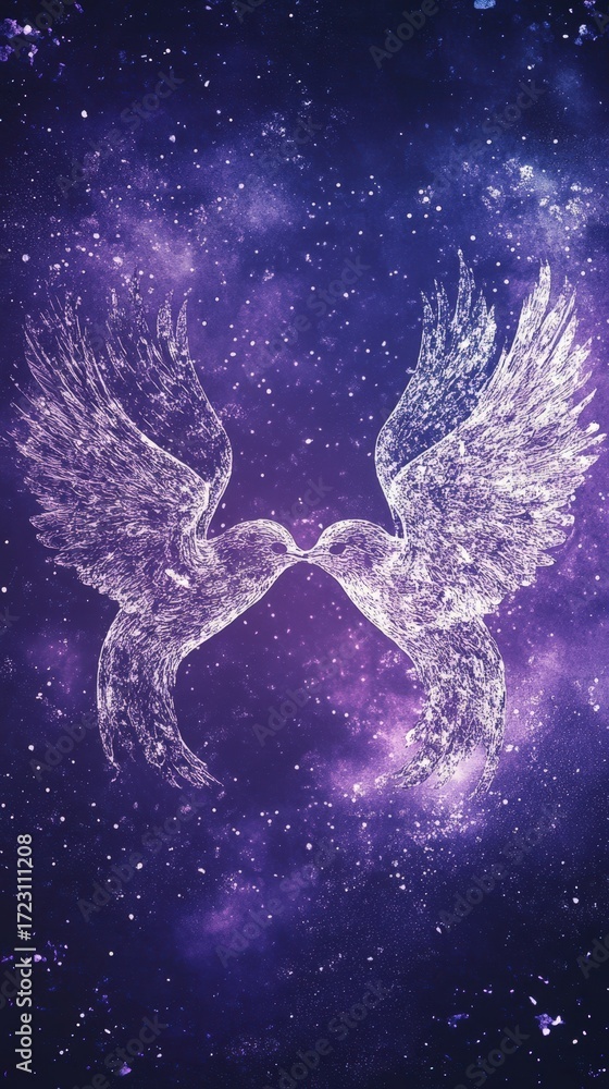 Fototapeta premium Digital Artwork of Two White Doves Kissing in a Starry Purple Galaxy.