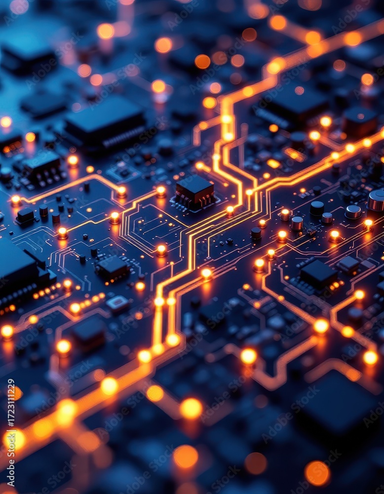 Obraz premium Close-up view of intricate circuit board pathways illuminated by glowing orange components, highlighting the complex network of connections and the advanced technology within.