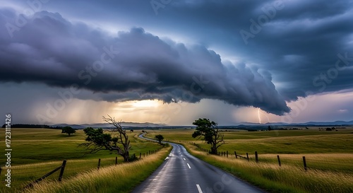Stormy Landscape Road Through Field.