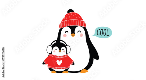Adorable parent and child penguins in winter hats and sweaters creating a heartwarming, cool, and festive holiday scene