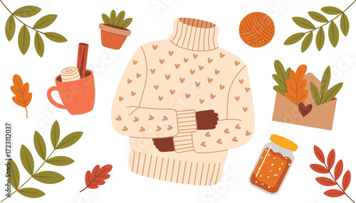 autumn illustration, cozy sweater, fall decor, seasonal leaves, warm drink, honey jar, yarn ball, heart mug, envelope