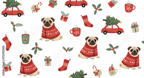 Delightful holiday pattern featuring pugs in cozy sweaters, classic cars with Christmas trees, gifts and hot cocoa for festive projects
