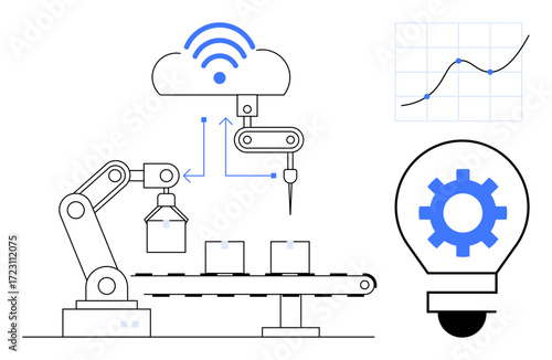 Robotic arm organizing products via conveyor belt, cloud IoT connection, analytics graph, and innovation lightbulb. Ideal for technology, manufacturing, IoT, automation, data analysis innovation
