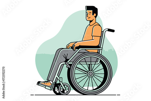 Man in a wheelchair with a green background