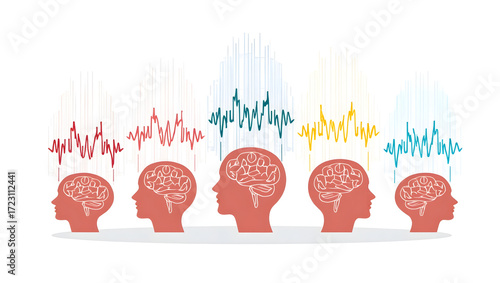 Alpha wave A stylized infographic showing a cluster of brains, each emitting alpha wave signals of varying intensity and color