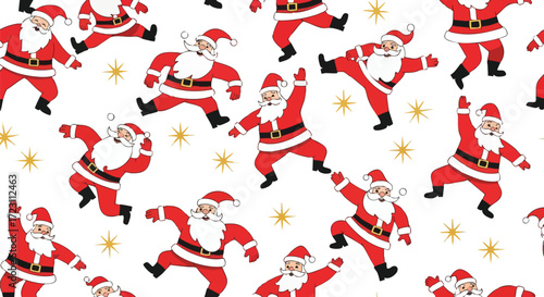 Joyful Santa Claus characters dancing and celebrating with festive gold starbursts on a clean white background