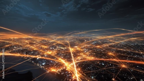 Wallpaper Mural Aerial view city at night with glowing light trails and a dark, moody cloudscape Torontodigital.ca