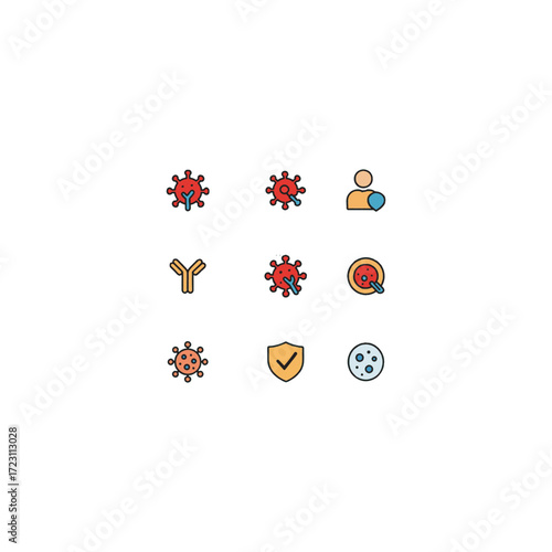 Simple cartoon colorful icon set of 9 immunology and immune response symbols including antibody, antigen, shield and protection for science and healthcare education.