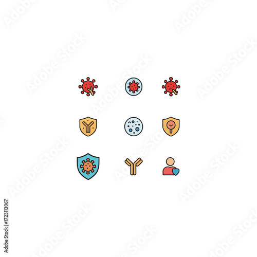 Simple cartoon colorful icon set of 9 immunology and immune response symbols including antibody, antigen, shield and protection for science and healthcare education.