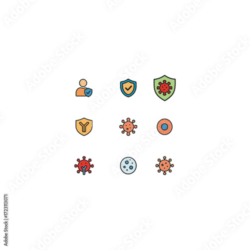 Simple cartoon colorful icon set of 9 immunology and immune response symbols including antibody, antigen, shield and protection for science and healthcare education.