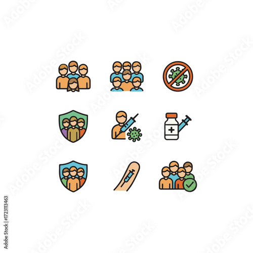 Cartoon colorful icon set of 9 herd immunity symbols including people, shield, syringe and vial for vaccine protection, prevention and healthcare awareness.