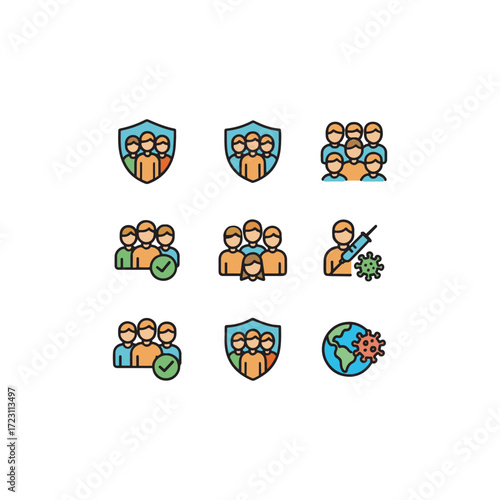 Cartoon colorful icon set of 9 herd immunity symbols including people, shield, syringe and vial for vaccine protection, prevention and healthcare awareness.