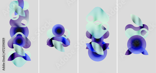 Abstract shapes, blue hues, light cyan tones. Four panels display fluid forms, overlapping layers, soft gradients. Minimalist design.