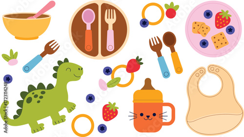 baby mealtime, toddler feeding, playful utensils, colorful food, cute toys, infant accessories, pacifier, bib, bottle, strawberry, blueberry