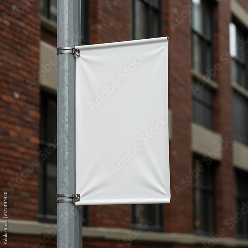 Blank white vertical banner sign mounted on a gray street pole in an urban setting with a blurred brick building background, ready for mockup presentation.