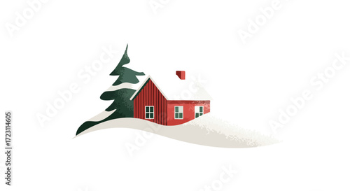 Cozy red cabin nestled in snowy landscape with evergreen tree evoking winter tranquility and holiday cheer