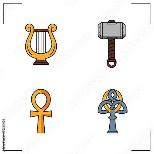 A diverse collection of ancient mythological and cultural symbols, featuring a Greek lyre, Norse hammer, Egyptian ankh, and Celtic knot