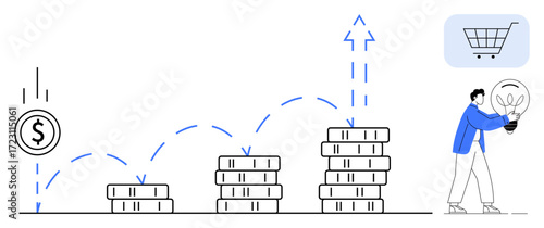 Stacks of coins increasing in size, bouncing dollar coin, person with lightbulb, and shopping cart. Ideal for finance, innovation, investment, profit growth savings e-commerce creative planning. A