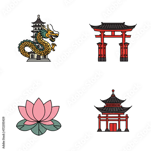Set of Traditional Asian Symbols Dragon, Torii Gate, Lotus Flower, and Pagoda Temple Icons