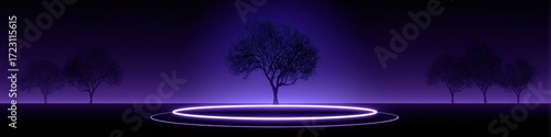 Abstract purple business background with glowing neon circles and luminous frames featuring minimalist fantasy elements and tree silhouettes for creative commercial poster template design.