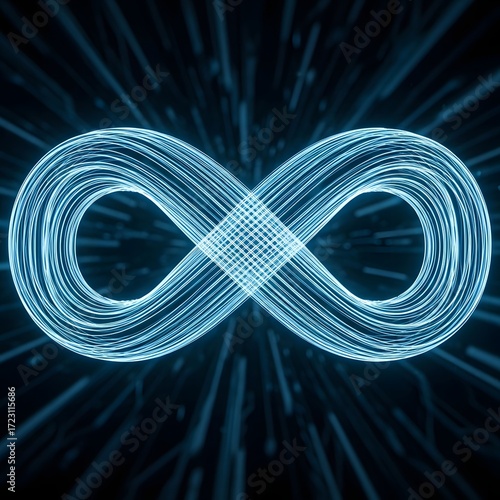 Abstract representation of an infinite loop in a digital environment with glowing lines and particles