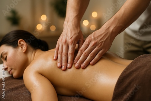 Wallpaper Mural Woman receiving relaxing back massage in spa setting with warm lighting and candles in background, promoting wellness and stress relief concepts. Ai generative Torontodigital.ca