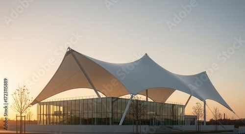 Modern tensile fabric structure with glass facade illuminated by warm sunset light