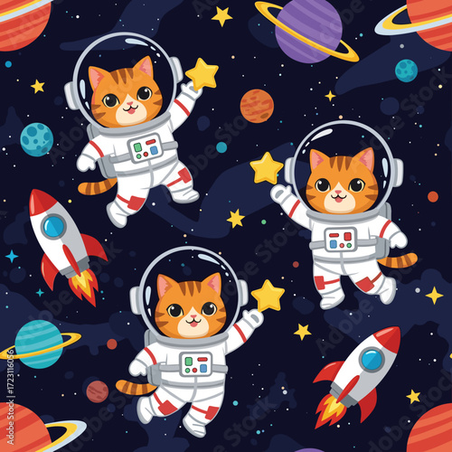 Smiling astronaut cats explore vibrant outer space with rockets and planets Fun imaginative adventure