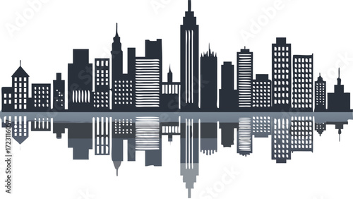 Stunning city skyline silhouette reflected in water, perfect for urban development projects, travel brochures, and modern business presentations, dynamic cityscape