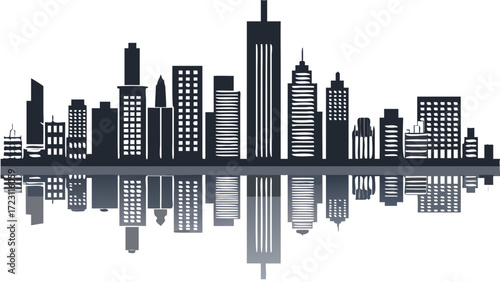 Modern cityscape silhouette reflected in water, perfect for real estate, finance, or urban development projects, conveys sophistication and forward thinking