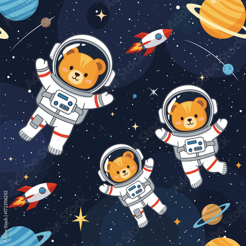 Cute cartoon astronaut bears float happily in space with rockets stars and planets Fun adventure