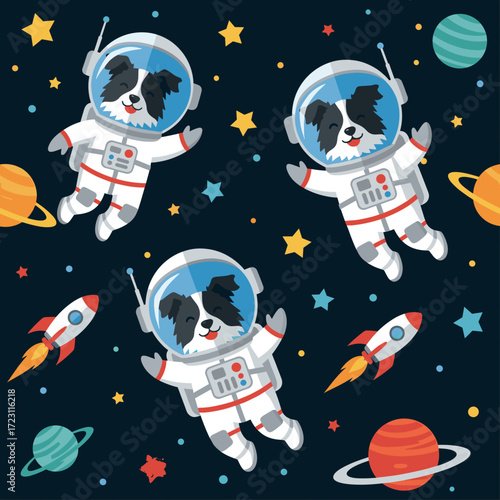 Cute cartoon dogs in astronaut suits exploring outer space with rockets and planets