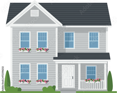 Two-story house illustration, gray siding home, flower boxes, porch design, residential architecture, landscaping elements, vector building icon