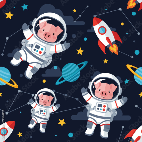 Cheerful cartoon pig astronauts explore outer space with rockets planets and stars Kids adventure