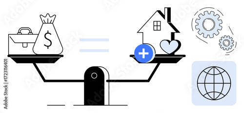 Scales balancing a money bag and business briefcase against a home, heart, and health icon. Gears and globe symbolize progress, equality, and global impact. Ideal for finance, balance, equality