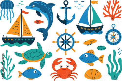 Marine life illustration, colorful sea animals, nautical clipart, ocean-themed drawing, playful underwater art, kids ocean design