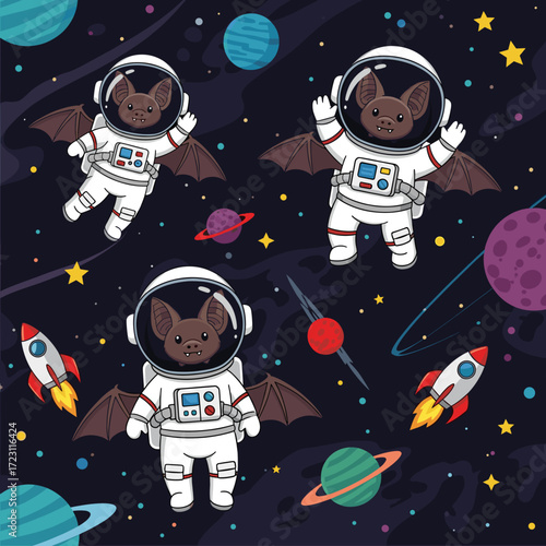 Cute cartoon bats in astronaut suits explore colorful space with planets and rockets Fun illustration for kids
