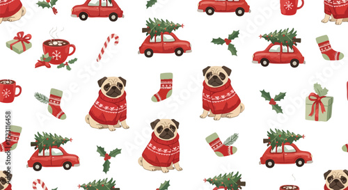 Festive Christmas pattern with adorable pugs in sweaters, vintage cars carrying trees, gifts, stockings, and cocoa for joyful holiday designs
