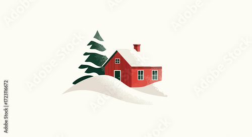 Cozy red cabin nestled in snow-covered winter landscape with evergreen tree, evoking warmth and holiday cheer