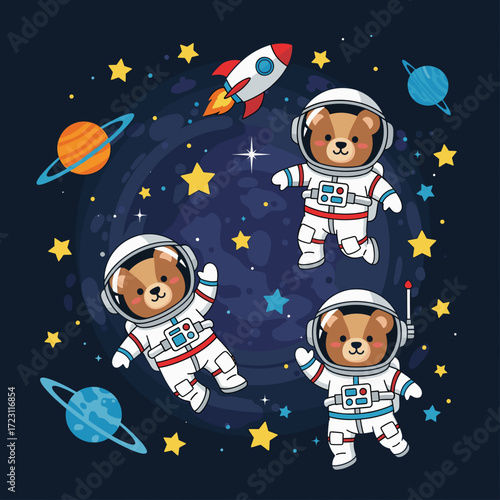 Adorable bear astronauts float in starry outer space inspiring childlike wonder and discovery